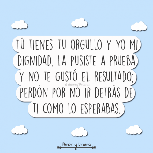 Tu tienes orgullo y yo dignidad la pusiste a prueba y no te gusto el resultado perdon por no ir detras de ti como esperabas
